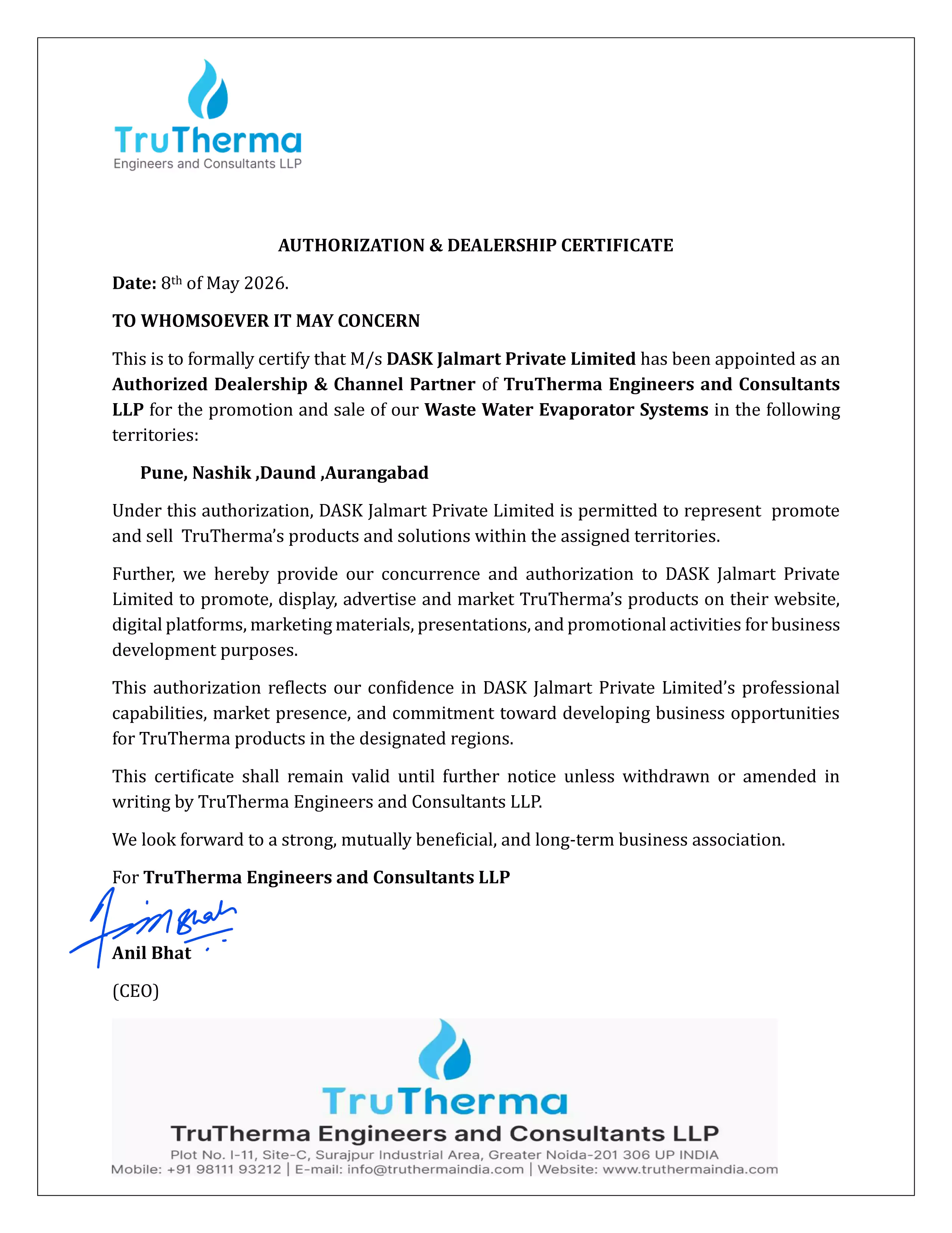 Dealership Certificate Tru Therma